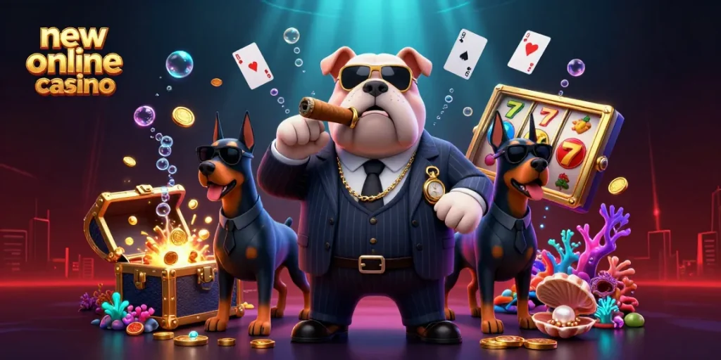Experience the thrill of a new online casino with a mafia boss bulldog and his bodyguards amidst treasures and jackpots.